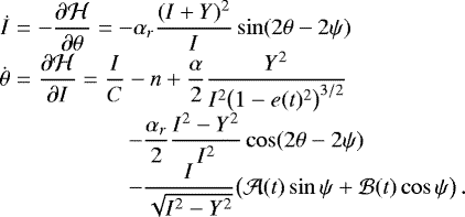 Mathematical equation: \begin{equation*} \begin{array}{@{}r@{\hskip3pt}c@{\hskip3pt}l@{}} \dot{I} &=&\displaystyle -\frac{\partial\mathcal{H}}{\partial\theta} = -\alpha_r\frac{(I+Y)^2}{I}\sin(2\theta-2\psi) \\[4pt] \dot{\theta} &=&\displaystyle \frac{\partial\mathcal{H}}{\partial I} = \frac{I}{C} - n + \frac{\alpha}{2}\frac{Y^2}{I^2\big(1-e(t)^2\big)^{3/2}} \\[4pt] &&\displaystyle\;\;\;\hspace{1.1cm} - \frac{\alpha_r}{2}\frac{I^2-Y^2}{I^2}\cos(2\theta-2\psi) \\[4pt] &&\displaystyle\;\;\;\hspace{1.1cm} - \frac{I}{\sqrt{I^2-Y^2}}\big(\mathcal{A}(t)\sin\psi + \mathcal{B}(t)\cos\psi\big) \,. \end{array} \end{equation*}