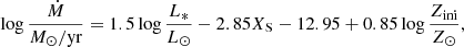 Mathematical equation: $$ \begin{aligned} \log \frac{\dot{M}}{M_{\odot }/\mathrm{{yr}}}= 1.5\log \frac{{L_*}}{L_{\odot }} -2.85 X_{\rm S} -12.95 +0.85\log \frac{{Z_{\mathrm{ini} }}}{Z_{\odot }}, \end{aligned} $$