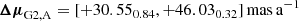 Mathematical equation: $$ \begin{aligned} {\boldsymbol{\Delta \mu }}_{\mathrm{G2,A} }&= [+30.55_{0.84}, +46.03_{0.32}]\,{\mathrm{mas} }\,{\mathrm{a} }^{-1} \end{aligned} $$