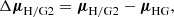 Mathematical equation: $$ \begin{aligned} \Delta {\boldsymbol{\mu }}_{\mathrm{H/G2} } = {\boldsymbol{\mu }}_{\mathrm{H/G2} } - {\boldsymbol{\mu }}_{\mathrm{HG} }, \end{aligned} $$
