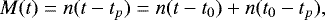 Mathematical equation: \begin{equation*}M(t) = n (t - t_p) = n (t - t_0) + n(t_0 - t_p), \end{equation*}