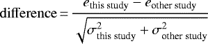 Mathematical equation: $\mathrm{difference}\,{=}\,\displaystyle\frac{e_{\textrm{this~study}} - e_{\textrm{other~study}}}{\sqrt{\sigma_{\textrm{this~study}}^2 + \sigma_{\textrm{other~study}}^2}}$