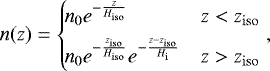 Mathematical equation: \begin{align*} n(z)=\left\{\begin{array}{ll} \!\!\!\!\ngas_0 e^{-\frac{z}{\H_{\mathrm{iso}}}} & z < z_{\mathrm{iso}}\\[4pt] \!\!\!\!\ngas_0 e^{-\frac{z_{\mathrm{iso}}}{\H_{\mathrm{iso}}}}e^{-\frac{z-z_{\mathrm{iso}}}{H_{\mathrm{i}}}} &z > z_{\mathrm{iso}} \end{array}\right.\!\!\!, \end{align*}