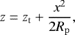 Mathematical equation: \begin{align*} z=\z_{\mathrm{t}}+ \frac{x^2}{2R_{\mathrm{p}}}, \end{align*}