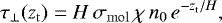 Mathematical equation: \begin{align*} \tau_{\mathrm{\perp}}(\z_{\mathrm{t}})=H\,\sigma_{\mathrm{mol}}\,\chi \,\ngas_0\, e^{-\z_{\mathrm{t}}/H}, \end{align*}