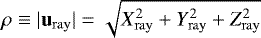 Mathematical equation: $\rho\equiv | \mathbf{u}_{\mathrm{ray}} | = \sqrt{X_{\mathrm{ray}} ^2+Y_{\mathrm{ray}} ^2+ Z_{\mathrm{ray}} ^2}$