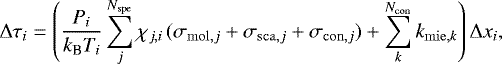 Mathematical equation: \begin{align*}\dtaurt_{i}=\left(\frac{P_i}{k_{\textrm{B}} T_i}\sum_j^{N_{\mathrm{spe}}}\chi_{j,i} \, (\sigma_{\mathrm{mol},j}+\sigma_{\mathrm{sca},j}+\sigma_{\mathrm{con},j})+\sum_k^{N_{\mathrm{con}}} k_{\mathrm{mie},k}\right)\dxrt_{i}, \end{align*}