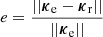 Mathematical equation: $ e = \frac{|| \boldsymbol{\kappa}_{\mathrm{e}} - \boldsymbol{\kappa}_{\mathrm{r}} ||}{|| \boldsymbol{\kappa}_{\mathrm{e}} ||} $