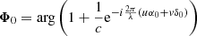 Mathematical equation: $ \boldsymbol{\Phi}_{0} = \mathrm{arg}\left(1 + \frac{1}{c}\mathrm{e}^{-i\frac{2\pi}{\lambda}(u\alpha_0 + v\delta_0)}\right) $