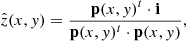 Mathematical equation: $$ \begin{aligned} {\hat{z}}(x,y) = \frac{{\mathbf{p}}(x,y)^{t} \cdot {\mathbf{i}}}{{\mathbf{p}}(x,y)^{t} \cdot {\mathbf{p}}(x,y)}, \end{aligned} $$