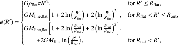 Mathematical equation: \begin{equation*} \phi(R') = \begin{cases} G \rho_{\textrm{flat}} \pi R'^2, & \text{for } R' \le R_{\textrm{flat}}, \\[2pt] G M_{\textrm{line,flat}} \left[1 + 2 \ln\left(\frac{R'}{R_{\textrm{flat}}}\right) + 2 \left(\ln\frac{R'}{R_{\textrm{flat}}}\right)^2 \right], & \text{for } R_{\textrm{flat}} < R' \le R_{\textrm{out}}, \\[5pt] G M_{\textrm{line,flat}} \left[1 + 2 \ln \left(\frac{R_{\textrm{out}}}{R_{\textrm{flat}}}\right) + 2 \left(\ln\frac{R_{\textrm{out}}}{R_{\textrm{flat}}} \right)^2 \right], \\[5pt] \qquad +2G M_{\textrm{line}} \ln \left(\frac{R'}{R_{\textrm{out}}}\right), & \text{for } R_{\textrm{out}} < R', \end{cases} \end{equation*}