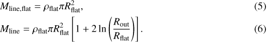Mathematical equation: \begin{align*} &M_{\textrm{line,flat}} = \rho_{\textrm{flat}} \pi R_{\textrm{flat}}^2,\\ &M_{\textrm{line}} = \rho_{\textrm{flat}} \pi R_{\textrm{flat}}^2 \left[1+2 \ln\left( \frac{R_{\textrm{out}}}{R_{\textrm{flat}}}\right)\right] .\end{align*}