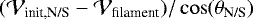 Mathematical equation: $(\mathcal{V}_{\textrm{init,N/S}} - \mathcal{V}_{\textrm{filament}} )/\cos(\theta_{\textrm{N/S}})$
