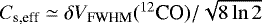 Mathematical equation: $C_{\textrm{s,eff}} \simeq \delta V_{\textrm{FWHM}}(^{12}\textrm{CO})/\sqrt{8\ln2}$