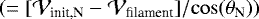 Mathematical equation: $(=[\mathcal{V}_{\textrm{init,N}} - \mathcal{V}_{\textrm{filament}}]/\!\cos(\theta_{\textrm{N}}))$