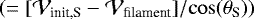 Mathematical equation: $(=[\mathcal{V}_{\textrm{init,S}} - \mathcal{V}_{\textrm{filament}}]{/}\!\cos(\theta_{\textrm{S}}))$