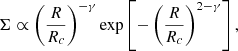 Mathematical equation: $$ \begin{aligned} \Sigma \propto \left(\frac{R}{R_{c}}\right)^{-\gamma }\mathrm{exp}\left[-\left(\frac{R}{R_{c}}\right)^{2-\gamma }\right], \end{aligned} $$