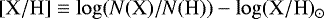 Mathematical equation: $\mathrm{[X/H]} \equiv \log(N(\mathrm{X})/N(\mathrm{H})) - \log (\mathrm{X/H})_{\odot}$