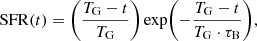 Mathematical equation: $$ \begin{aligned} \mathrm{SFR} (t)=\biggl (\frac{T_{\mathrm{G} }-t}{T_{\mathrm{G} }}\biggr ) \exp \biggl (-\frac{T_{\mathrm{G} }-t}{T_{\mathrm{G} } \cdot \tau _{\mathrm{B} }}\biggr ), \end{aligned} $$