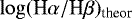Mathematical equation: $\log({\textrm{H}\alpha}/{\textrm{H}\beta})_{\textrm{theor}}$