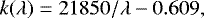 Mathematical equation: \begin{eqnarray*} k(\lambda)=21850/\lambda - 0.609,\\[-15pt]\nonumber \vspace*{-2pt}\end{eqnarray*}