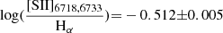 Mathematical equation: $ \log({\mathrm{{[S\textsc{II}}}]_{6718, 6733}\over{\mathrm{{H_\alpha}}}}){=}-0.512{\pm}0.005 $