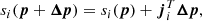 Mathematical equation: $$ \begin{aligned} s_i({\boldsymbol{p}}+{\boldsymbol{\Delta {p}}})&= s_i({\boldsymbol{p}}) + {\boldsymbol{j}}_{i}^{T}{\boldsymbol{\Delta {p}}},\end{aligned} $$