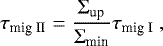 Mathematical equation: \begin{equation*}\tau_{\textrm{mig II}} = \frac{\Sigma_{\textrm{up}}}{\Sigma_{\textrm{min}}} \tau_{\textrm{mig I}} \ , \vspace*{-3pt}\end{equation*}