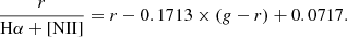 Mathematical equation: $$ \begin{aligned} {\frac{r}{\mathrm{H}\alpha +[\mathrm{NII}]} = r - 0.1713 \times ({g}-r) + 0.0717} .\end{aligned} $$
