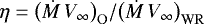 Mathematical equation: $\eta = \big({{\dot M}\,V_{\infty}}\big)_{\mathrm{O}}/\big({{\dot M}\,V_{\infty}}\big)_{\mathrm{WR}}$