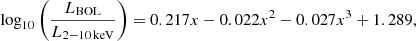 Mathematical equation: $$ \begin{aligned} {\log }_{10}\left(\frac{{L}_{\rm BOL}}{{L}_{2{-}10\,\mathrm{keV}}}\right)=0.217x-0.022x^2-0.027x^3+1.289, \end{aligned} $$