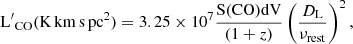 Mathematical equation: $$ \begin{aligned} \mathrm{L^\prime }_{\rm CO} (\mathrm{K\,km\,s\,pc^2}) = 3.25 \times 10^7 \frac{\mathrm{S(CO) dV}}{(1+z)} \left(\frac{D_{\rm L}}{\nu _{\rm rest}}\right)^2, \end{aligned} $$