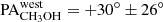 Mathematical equation: $ \rm{PA_{CH_{3}OH}^\mathrm{{west}}}=+30^\circ\pm 26^\circ $