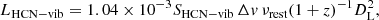 Mathematical equation: $$ \begin{aligned} L_{\mathrm{HCN-vib} }=1.04\times 10^{-3}S_{\mathrm{HCN-vib} }\,\Delta { v}\,\nu _{\mathrm{rest} }(1+z)^{-1}D_{\mathrm{L} }^{2}, \end{aligned} $$
