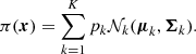 Mathematical equation: $$ \begin{aligned} \pi (\boldsymbol{x}) = \sum _{k=1}^K p_k{\mathcal{N} }_k(\boldsymbol{\mu }_k,\boldsymbol{\Sigma }_k). \end{aligned} $$