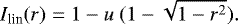 Mathematical equation: \begin{equation*}I_{\textrm{lin}}(r) = 1 - u \ ( 1 - \sqrt{ 1- r^2 } ). \end{equation*}