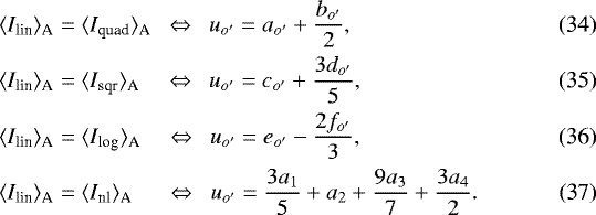 Mathematical equation: \begin{align}\langle I_{\textrm{lin}} \rangle_{\textrm{A}} &= \langle I_{\textrm{quad}} \rangle_{\textrm{A}} \ \ \Leftrightarrow \ \ u_{o'} = a_{o'} + \frac{b_{o'}}{2},\\ \langle I_{\textrm{lin}} \rangle_{\textrm{A}} &= \langle I_{\textrm{sqr}} \rangle_{\textrm{A}} \ \ \ \ \Leftrightarrow \ \ u_{o'} = c_{o'} + \frac{3 d_{o'}}{5},\\ \langle I_{\textrm{lin}} \rangle_{\textrm{A}} &= \langle I_{\textrm{log}} \rangle_{\textrm{A}} \ \ \ \ \Leftrightarrow \ \ u_{o'} = e_{o'} - \frac{2 f_{o'}}{3},\\ \langle I_{\textrm{lin}} \rangle_{\textrm{A}} &= \langle I_{\textrm{nl}} \rangle_{\textrm{A}} \hspace{.48cm} \Leftrightarrow \ \ u_{o'} = \frac{3a_1}{5} + a_2 + \frac{9a_3}{7} + \frac{3a_4}{2}. \end{align}