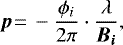 Mathematical equation: \begin{equation*}\vec{p} {\,=\,} -\frac{\phi_i}{2\pi}\cdot \frac{\lambda}{\vec{B_i}}, \end{equation*}