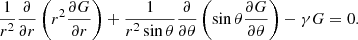 Mathematical equation: $$ \begin{aligned} \frac{1}{r^{2}}\frac{\partial }{{\partial }r}\left({r^{2}} \frac{{\partial }G}{{\partial }r} \right) + \frac{1}{r^{2}\sin {\theta }}\frac{\partial }{{\partial }\theta } \left({{\sin {\theta }}}\frac{{\partial }G}{{\partial }\theta } \right) -{\gamma }G=0. \end{aligned} $$