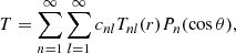 Mathematical equation: $$ \begin{aligned} T&=\sum \limits _{n=1}^{\infty }\sum _{l=1}^{\infty } c_{nl} T_{nl}(r)P_{n}(\cos \theta ),\end{aligned} $$