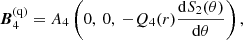 Mathematical equation: $$ \begin{aligned} {\boldsymbol{B}}_4^\text{(q)}=A_4\left(0,\ 0,\ -Q_4(r)\frac{\mathrm{d} S_2(\theta )}{\mathrm{d} \theta }\right), \end{aligned} $$