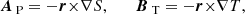 Mathematical equation: $$ \begin{aligned} {\boldsymbol{A}}_{\text{ P}}=-{\boldsymbol{r}}{\times }{\nabla }S, \qquad {\boldsymbol{B}}_{\text{ T}}=-{\boldsymbol{r}}{\times }{\nabla }T, \end{aligned} $$