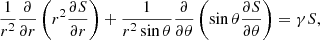 Mathematical equation: $$ \begin{aligned} \frac{1}{r^{2}}\frac{\partial }{{\partial }r}\left({r^{2}} \frac{{\partial }S}{{\partial }r} \right) + \frac{1}{r^{2}\sin {\theta }}\frac{\partial }{{\partial }\theta } \left({{\sin {\theta }}}\frac{{\partial }S}{{\partial }\theta } \right)=\gamma S, \end{aligned} $$