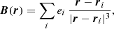 Mathematical equation: $$ \begin{aligned} \boldsymbol{B} (\boldsymbol{r}) = \sum \limits _{i} e_i \, \frac{ \boldsymbol{r} - \boldsymbol{r}_i }{ | \boldsymbol{r} - \boldsymbol{r}_i |^3 } , \end{aligned} $$