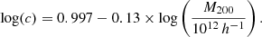 Mathematical equation: $$ \begin{aligned} \mathrm{log}(c)=0.997-0.13 \times \mathrm{log}\left(\frac{M_{200}}{10^{12}\,{h}^{-1}}\right). \end{aligned} $$