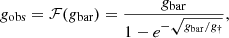 Mathematical equation: $$ \begin{aligned} {g}_{\rm obs} = \mathcal{F} ({g}_{\rm bar}) = \frac{{g}_{\rm bar}}{1 - e^{-\sqrt{{g}_{\rm bar}/{g}_\dag } } }, \end{aligned} $$
