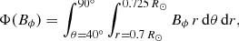 Mathematical equation: $$ \begin{aligned} \Phi (B_\phi )&= \int _{\theta = 40^\circ }^{90^\circ } \int _{r = 0.7 \, R_\odot }^{0.725 \, R_\odot } B_\phi \, r \, \mathrm{d} \theta \, \mathrm{d}r, \end{aligned} $$