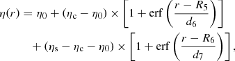 Mathematical equation: $$ \begin{aligned} \eta (r)&= \eta _0 + (\eta _{\rm c}-\eta _0) \times \left[ 1 + \mathrm{erf} \left(\frac{r - R_5}{d_6} \right) \right] \nonumber \\&\quad + (\eta _{\rm s} - \eta _{\rm c}-\eta _0) \times \left[ 1 + \mathrm{erf} \left(\frac{r - R_6}{d_7} \right)\right] , \end{aligned} $$