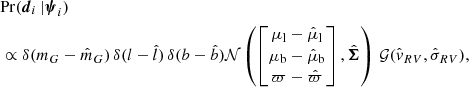 Mathematical equation: $$ \begin{aligned}&\mathrm{Pr}({\boldsymbol{d}}_i \, | {\boldsymbol{\psi }}_i)\nonumber \\&\propto \delta (m_G-\hat{m}_G)\,\delta (l-\hat{l})\,\delta (b-\hat{b}){\mathcal{N} }\left( \begin{bmatrix} \mu _{\rm l} - \hat{\mu }_{\rm l} \\ \mu _{\rm b} - \hat{\mu }_{\rm b} \\ \varpi - \hat{\varpi } \\ \end{bmatrix}, {\hat{\boldsymbol{\Sigma }}} \right)\, {\mathcal{G} }(\hat{{ v}}_{RV},\hat{\sigma }_{RV}), \end{aligned} $$