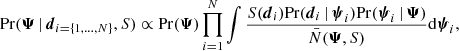 Mathematical equation: $$ \begin{aligned} \mathrm{Pr}({\boldsymbol{\Psi }} \, | \, {\boldsymbol{d}}_{i=\{1,\ldots ,N\}},S) \propto \mathrm{Pr}({\boldsymbol{\Psi }}) \prod _{i=1}^N \int \frac{S({\boldsymbol{d}}_i) \mathrm{Pr}({\boldsymbol{d}}_i \, | \, {\boldsymbol{\psi }}_{i})\mathrm{Pr}({\boldsymbol{\psi }}_{i} \, | \, {\boldsymbol{\Psi }})}{\bar{N}({\boldsymbol{\Psi }},S)} \mathrm{d}{\boldsymbol{\psi }}_{i}, \end{aligned} $$